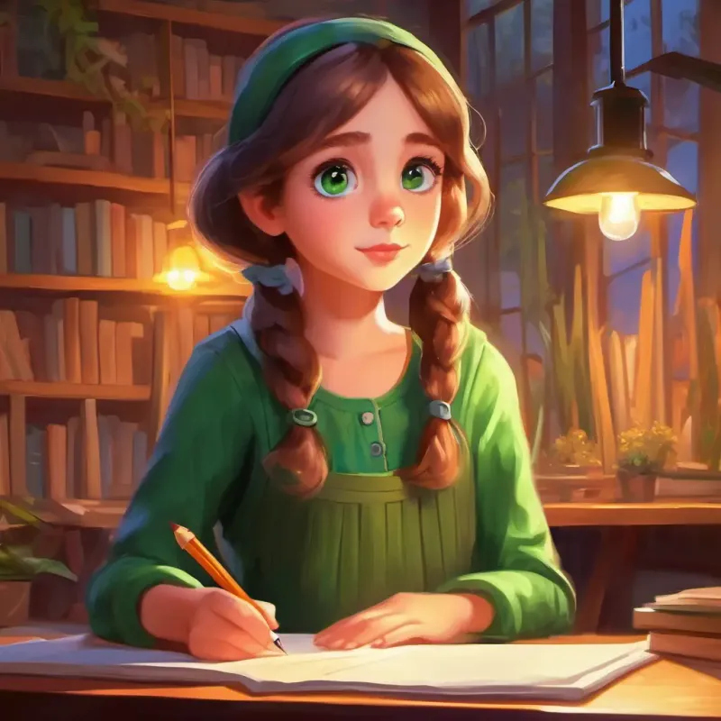 Describing Curious girl with big green eyes, loves to write and draw's appearance and her love for writing.
