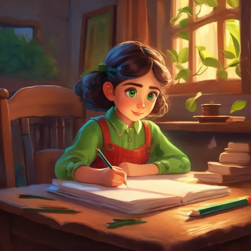Curious girl with big green eyes, loves to write and draw reflects on her adventures, writing them down.