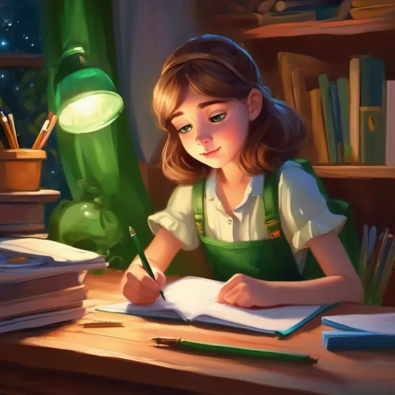 Curious girl with big green eyes, loves to write and draw falls asleep, excited for the next day's creations.