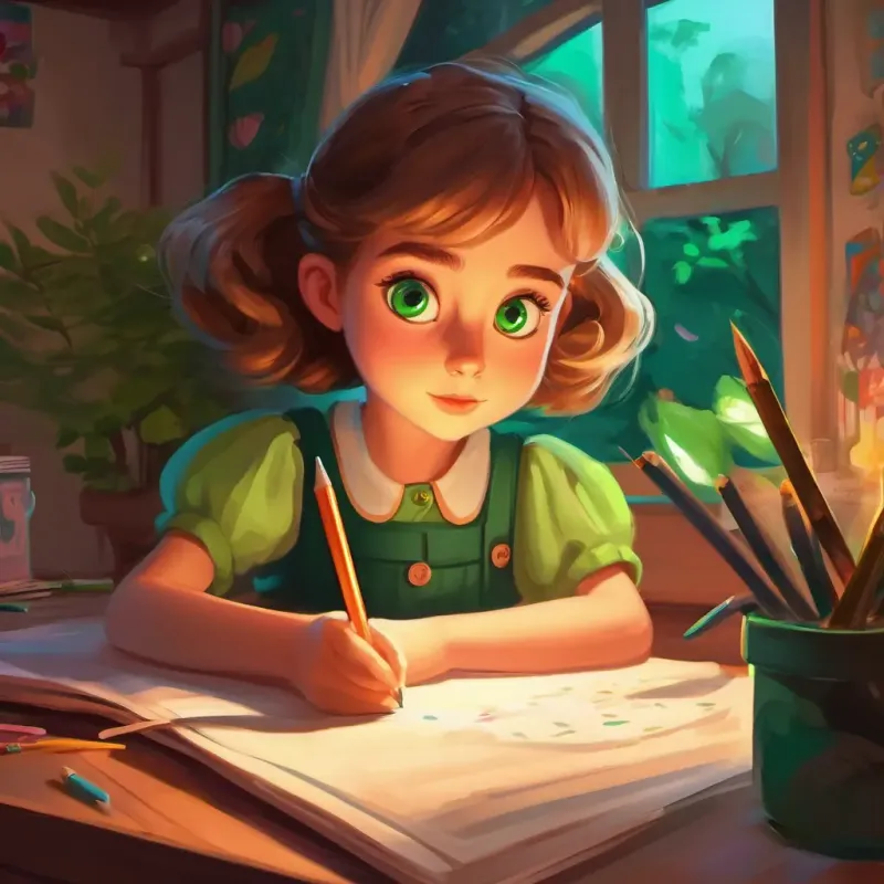 Curious girl with big green eyes, loves to write and draw's drawing comes to life, lighting up her room.