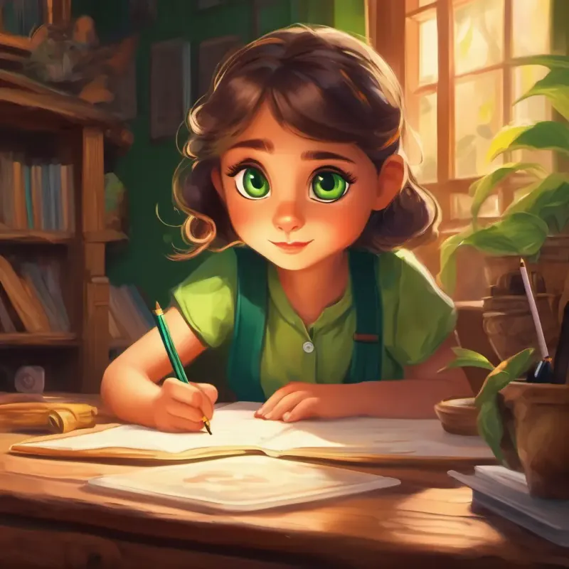 Curious girl with big green eyes, loves to write and draw's written words create a talking cat.