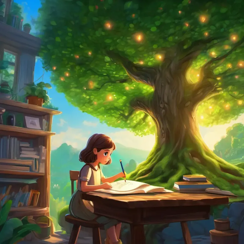 Curious girl with big green eyes, loves to write and draw draws a large tree that becomes real, touching her ceiling.