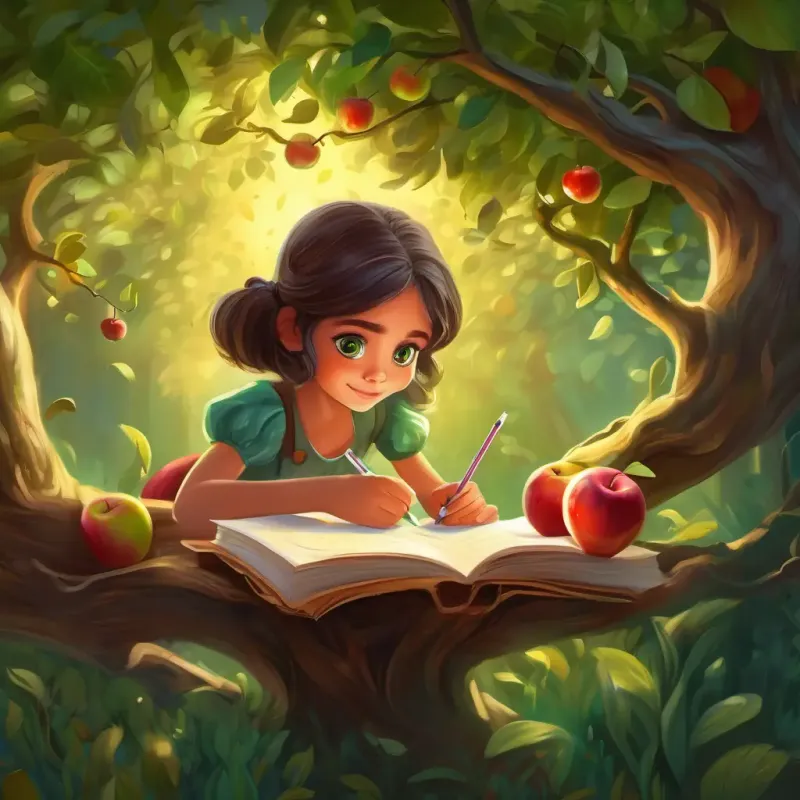 Curious girl with big green eyes, loves to write and draw tastes a magical apple from her drawn tree.