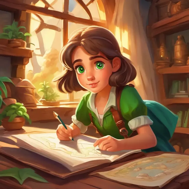 Curious girl with big green eyes, loves to write and draw writes about a treasure map, considering what adventure to create.
