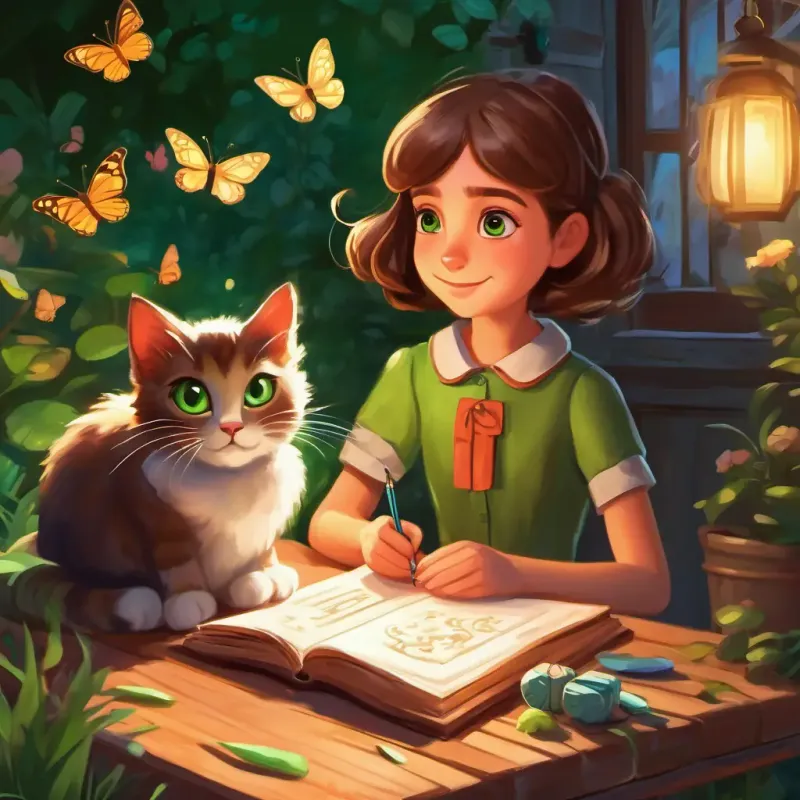 Curious girl with big green eyes, loves to write and draw and the talking cat find a chest of butterflies in the backyard.