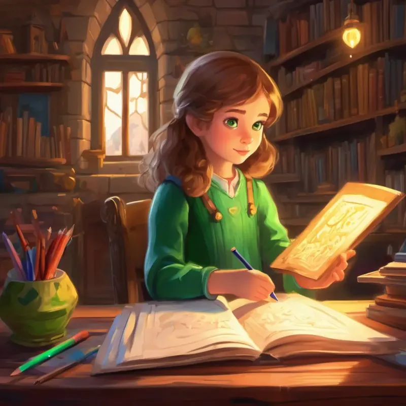 Curious girl with big green eyes, loves to write and draw's drawing of a castle materializes in her room.
