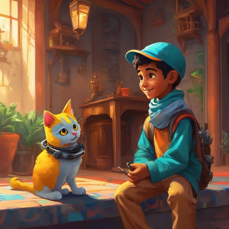A curious Muslim boy with a smiley face with his robotic parrot and talking cat