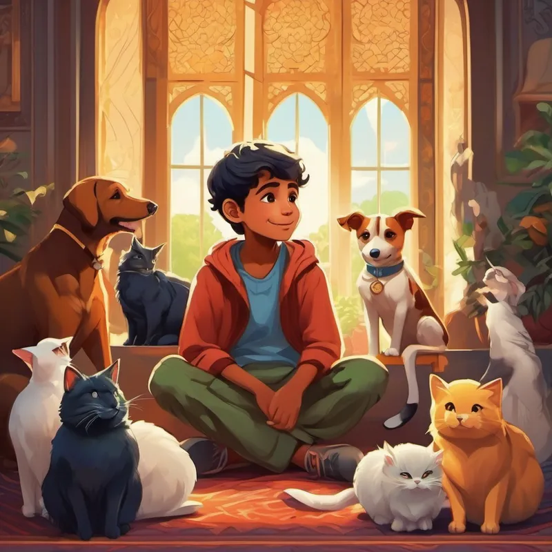 A curious Muslim boy with a smiley face sitting with his pets, listening attentively
