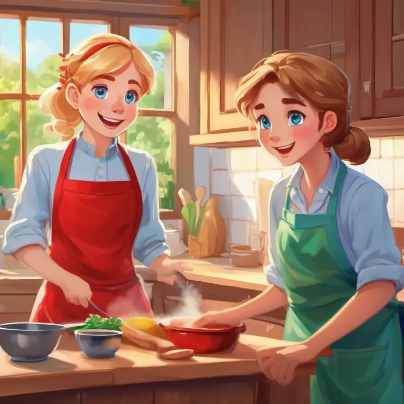 Girl with brown hair, blue eyes, wearing a red apron and Boy with blond hair, green eyes, blue shirt in the kitchen, excited.