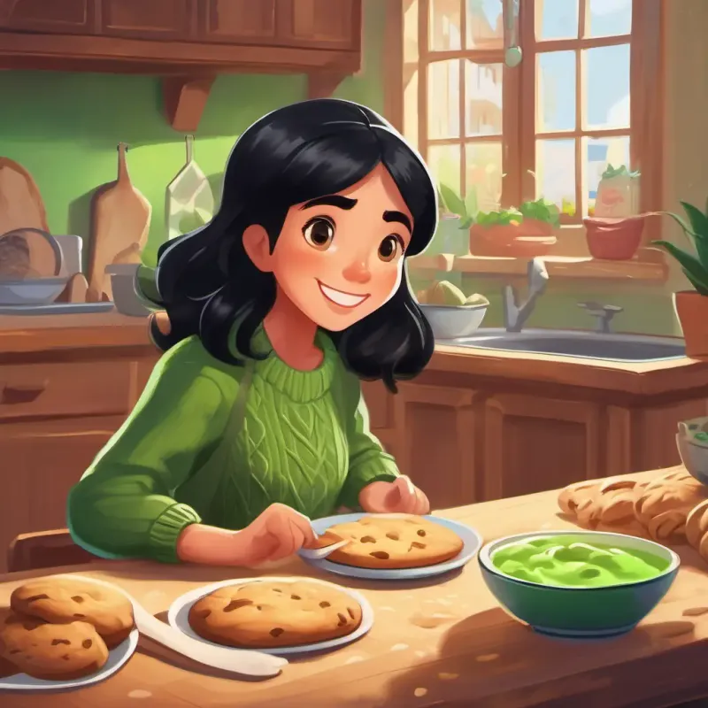 Woman with black hair, brown eyes, green sweater suggests baking cookies, children are happy.