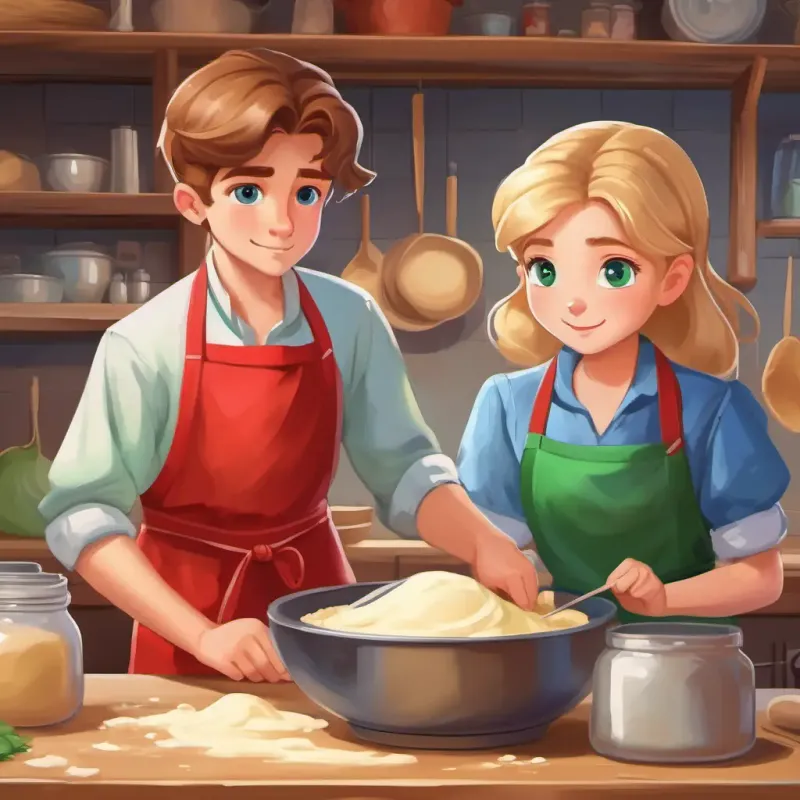 Girl with brown hair, blue eyes, wearing a red apron mixing dough, Boy with blond hair, green eyes, blue shirt observing.