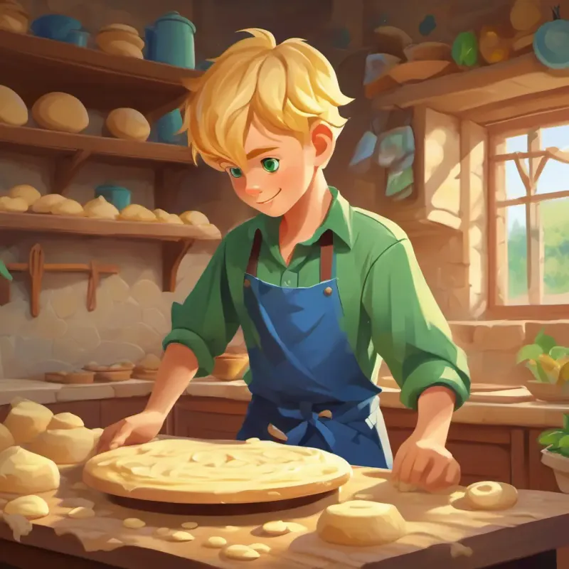 Boy with blond hair, green eyes, blue shirt cutting dough into shapes.