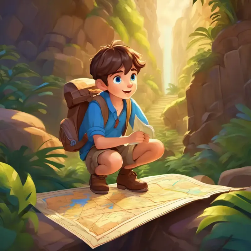 Curious boy, short brown hair, blue eyes, adventurous spirit discovers map, excited about a hidden temple.