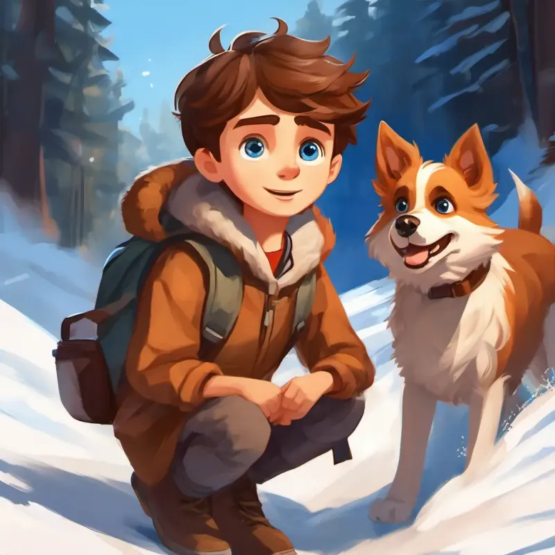 Curious boy, short brown hair, blue eyes, adventurous spirit decides to embark on adventure, introduces dog Loyal dog, brown fur, playful, protective of Bill.