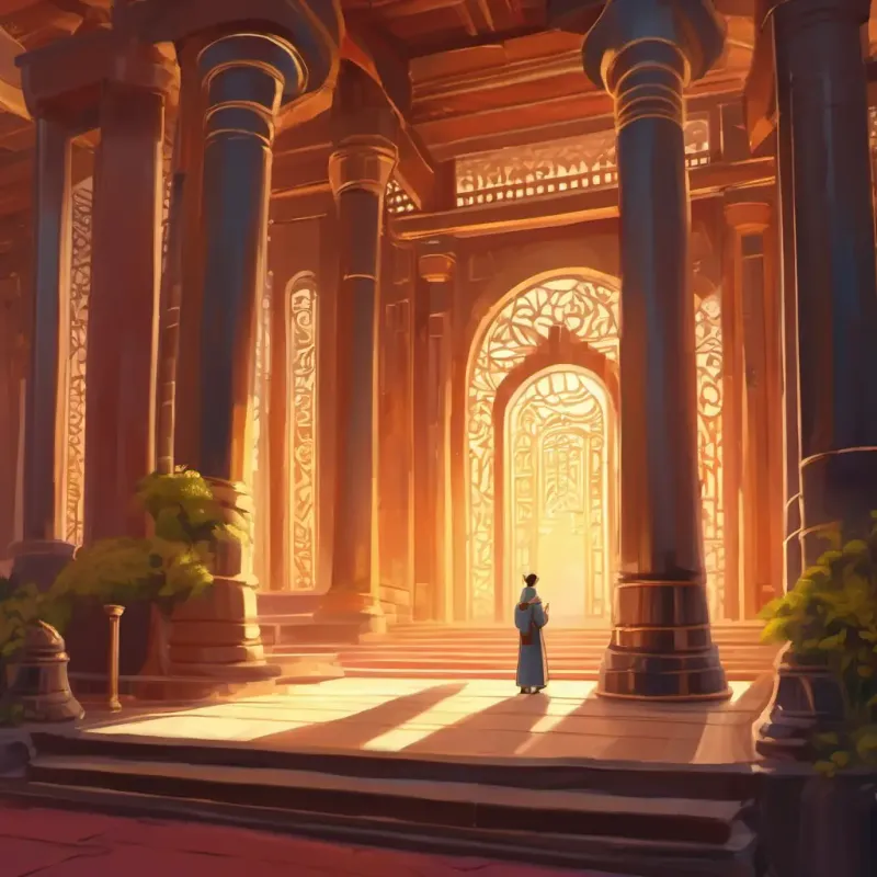 Entering the temple, observing mysterious writing.