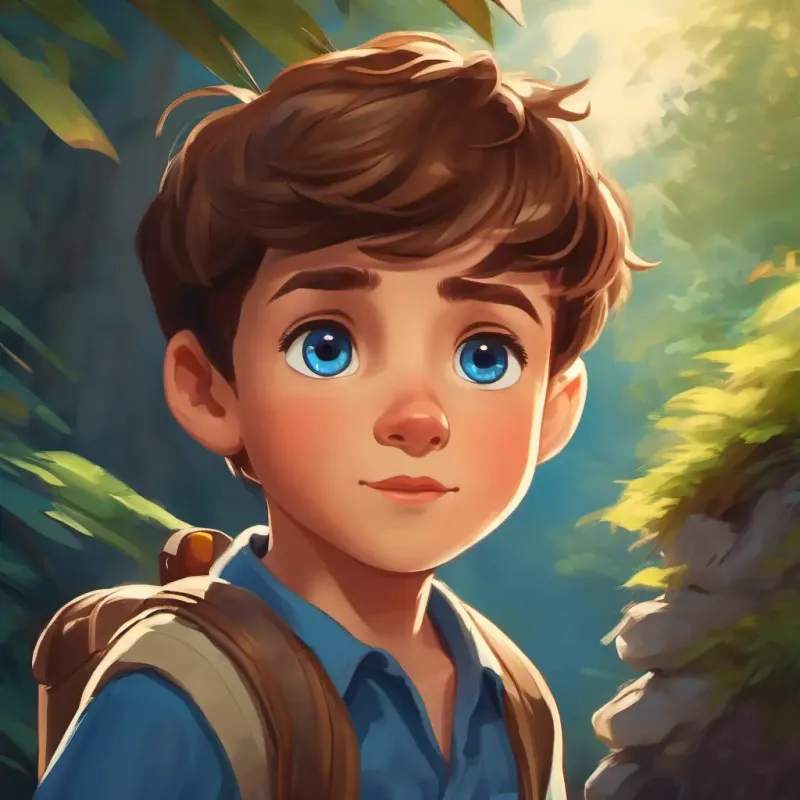 Curious boy, short brown hair, blue eyes, adventurous spirit introduces himself, expresses his curiosity.