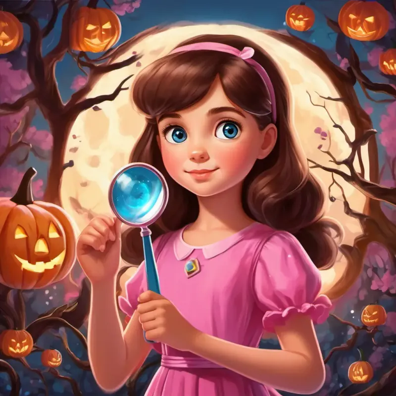Ali is a young girl with brown hair and sparkling blue eyes She is wearing a pink dress and holding a magnifying glass is a young girl with brown hair and sparkling blue eyes. She is wearing a pink dress and holding a magnifying glass.
