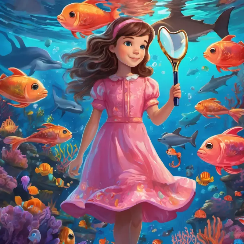 Ali is a young girl with brown hair and sparkling blue eyes She is wearing a pink dress and holding a magnifying glass is diving underwater, surrounded by colorful fish, dolphins, and a friendly octopus. The ocean is filled with vibrant corals and seaweed.