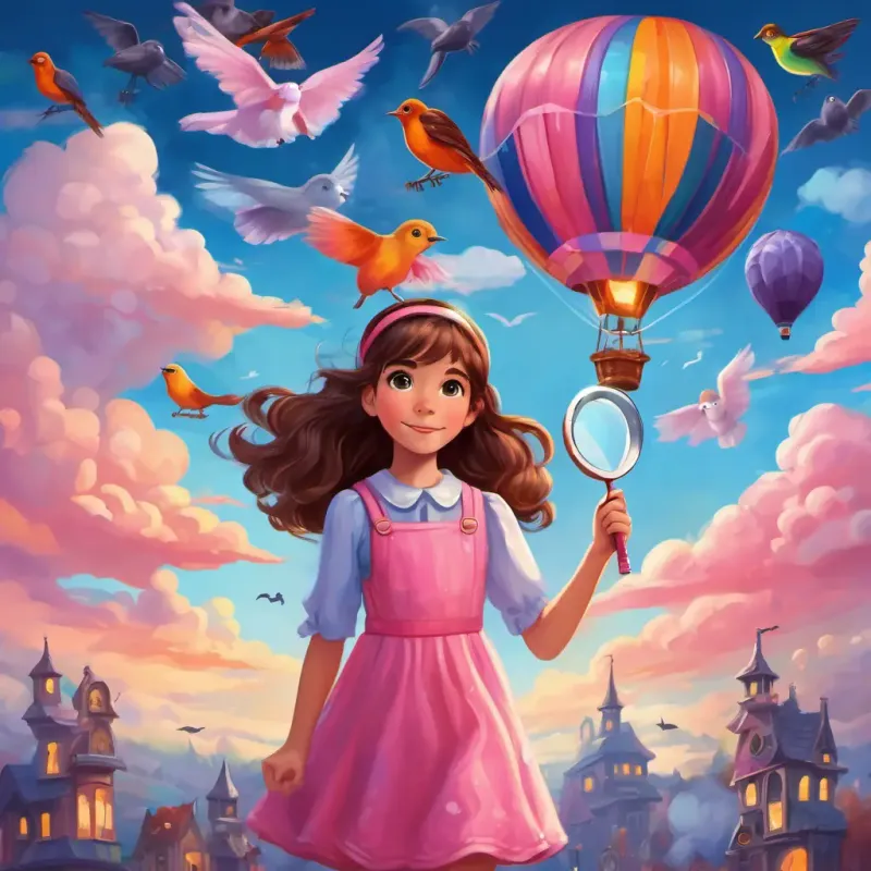 Ali is a young girl with brown hair and sparkling blue eyes She is wearing a pink dress and holding a magnifying glass is floating in a colorful hot air balloon, surrounded by fluffy clouds, birds, and a bright rainbow.