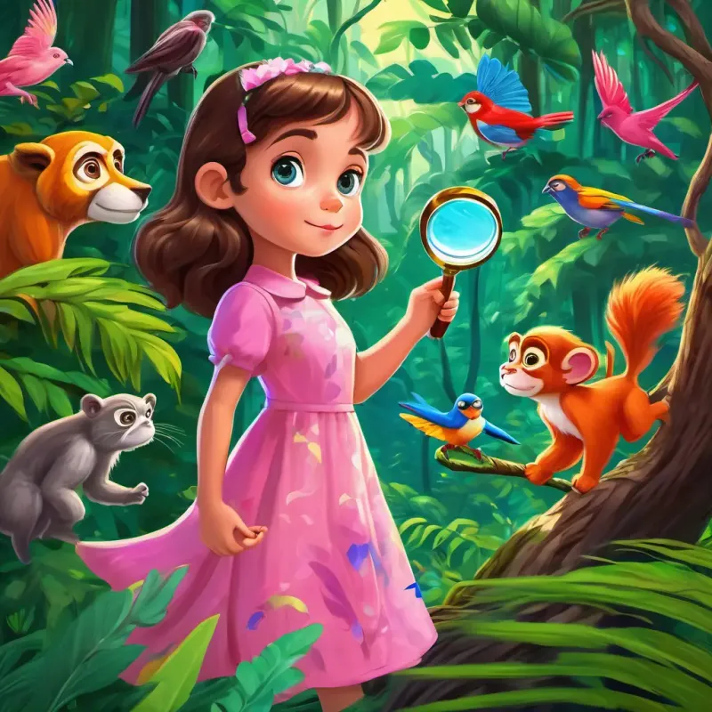 Ali is a young girl with brown hair and sparkling blue eyes She is wearing a pink dress and holding a magnifying glass is walking through a lush green jungle, with monkeys swinging from trees, tigers hiding in the bushes, and colorful birds flying above.