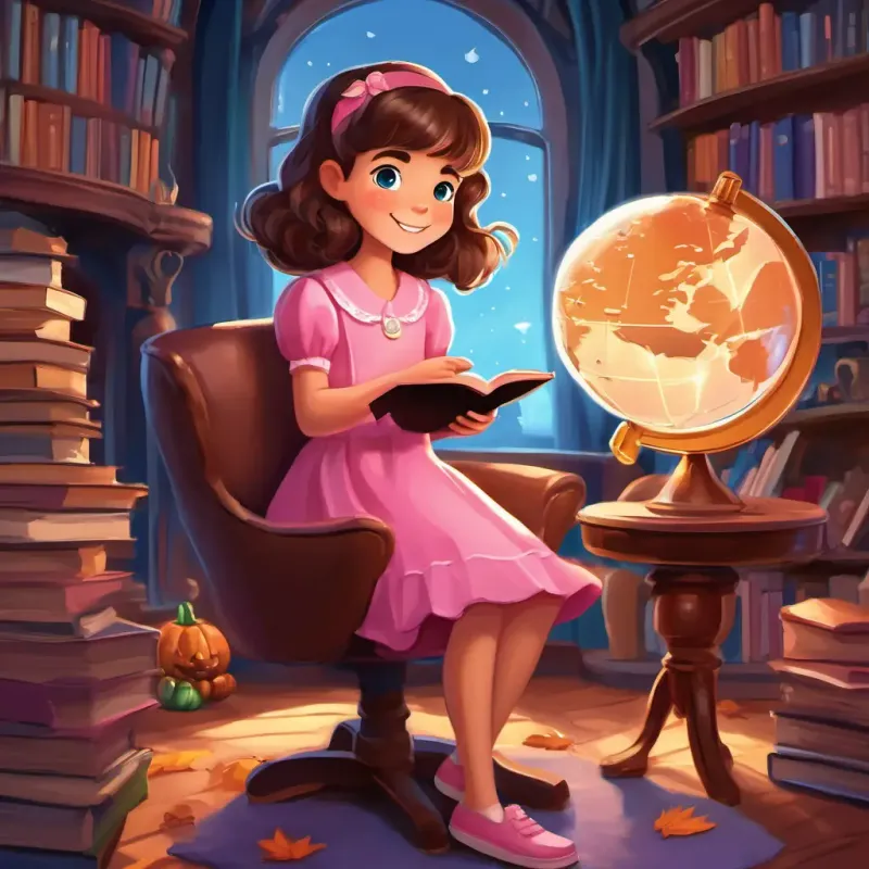 Ali is a young girl with brown hair and sparkling blue eyes She is wearing a pink dress and holding a magnifying glass is sitting on a cozy chair, surrounded by books and a globe. She has a big smile on her face, excited to share her newfound knowledge.