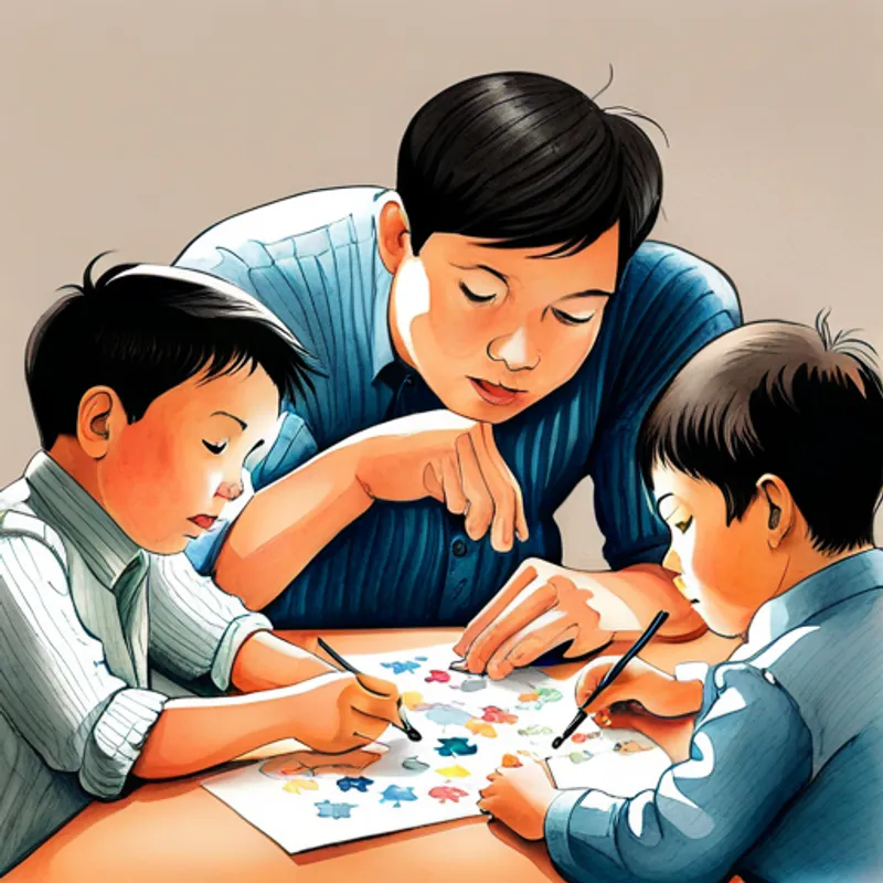 Four sons solving puzzles with determination