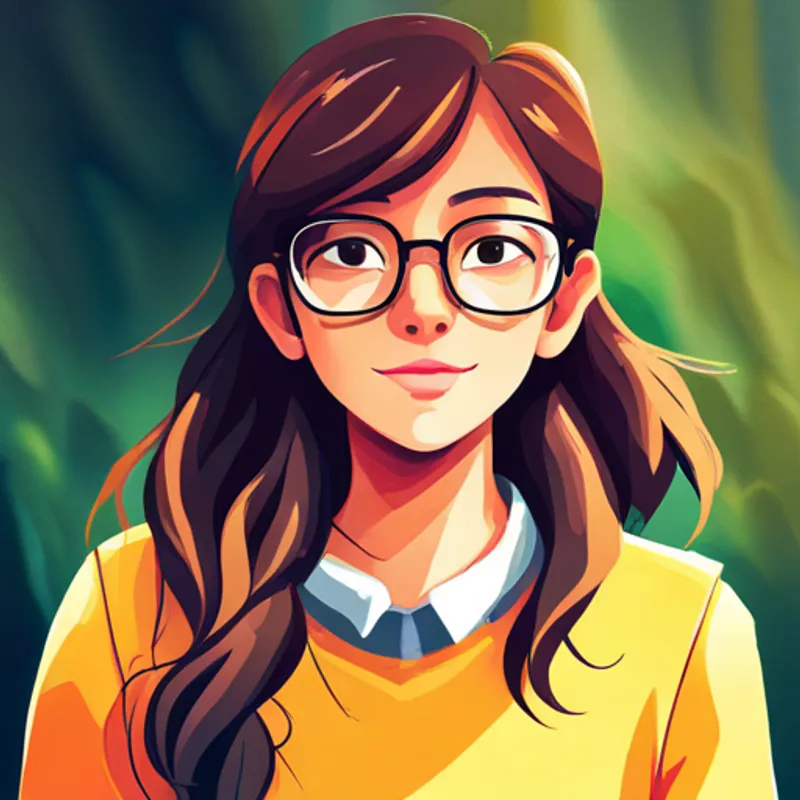 A 14-year-old girl with brown hair and glasses, wearing a yellow sweater, 8 words max happily exploring the world, radiating confidence