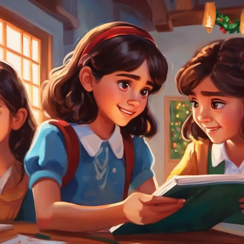Niña alegre, ojos brillantes, piel morena sharing her drawings with friends at school, their reactions, and her feelings.