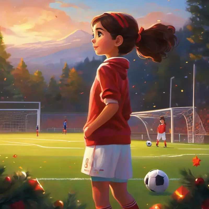 Niña alegre, ojos brillantes, piel morena observing friends playing soccer, her desire to join, and her determination despite feeling less skilled.