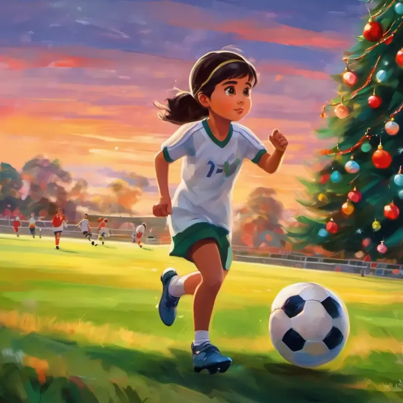 Niña alegre, ojos brillantes, piel morena practicing soccer, her realization about improvement through practice, and her growing self-assurance.