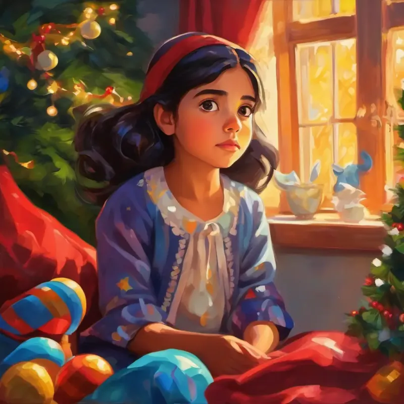 Niña alegre, ojos brillantes, piel morena dreaming about her potential, her realization upon waking up, and her expanded vision of her abilities.