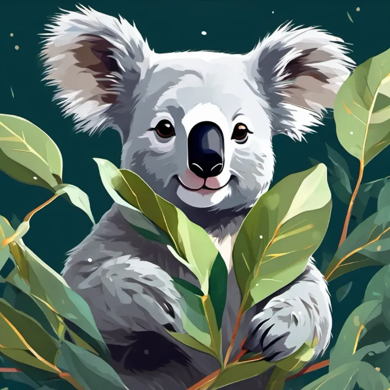Koala with fluffy ears, chewing leaves contently the koala munching eucalyptus leaves