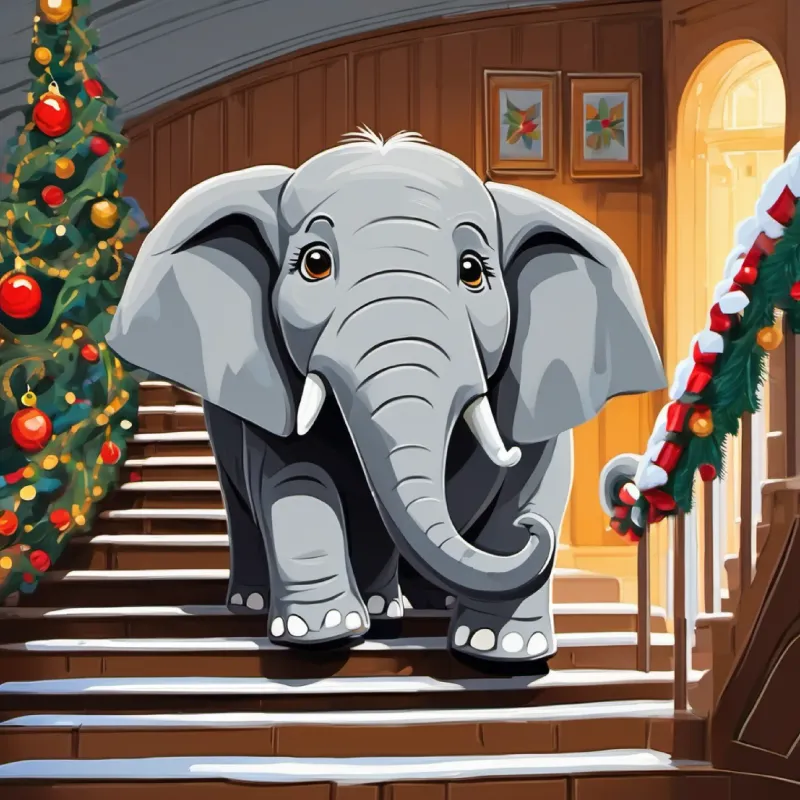 Big grey elephant with curious eyes the elephant facing some stairs