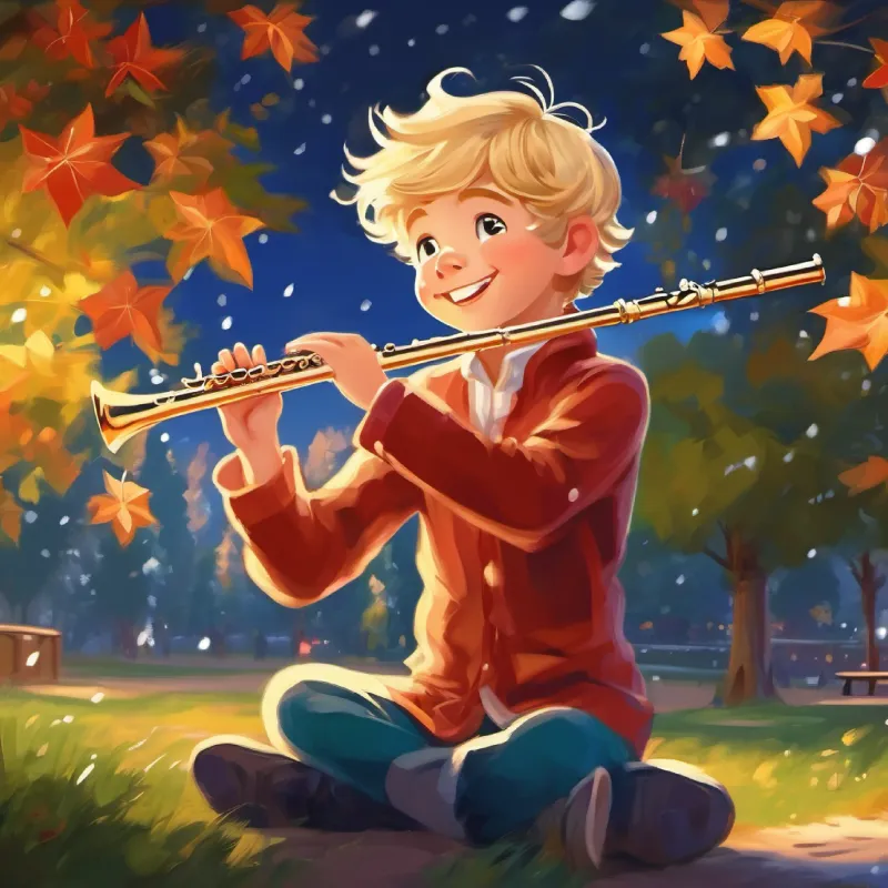 Boy with a flute, blond hair, joyful expression playing the flute in the park