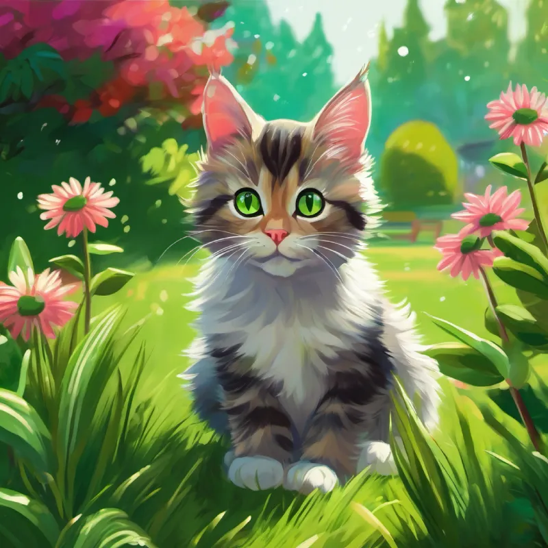 Playful cat, striped fur, sharp green eyes the cat playing in a garden