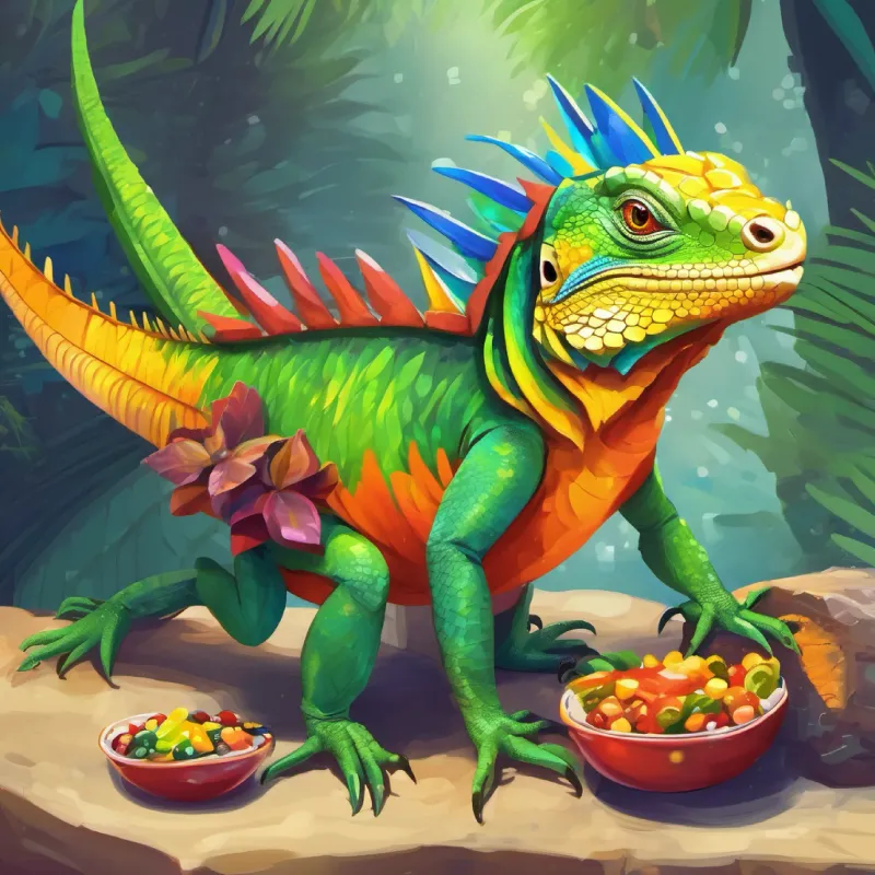 Colorful iguana with a wide smile the iguana offering insects for lunch