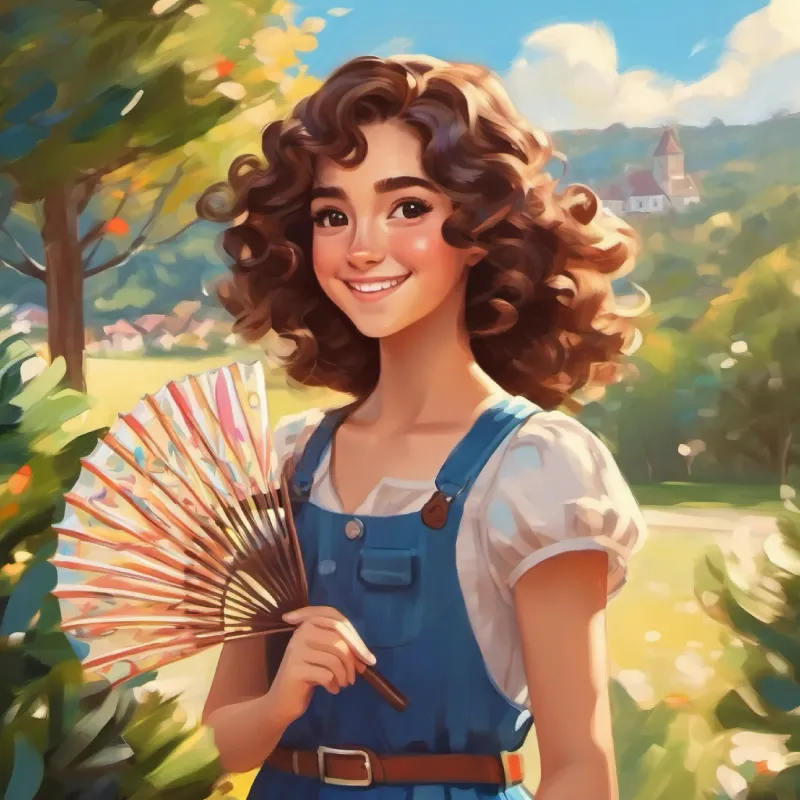 Girl with brown curly hair, brown eyes, holding a fan , smiling with a fan, summer day