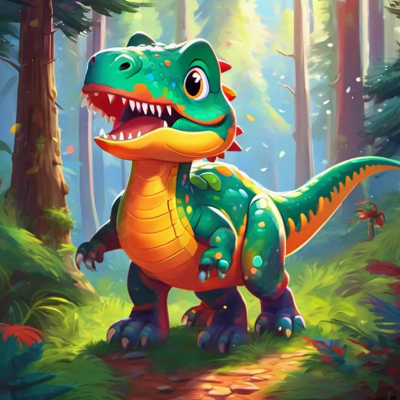 a dino with many color in the forest