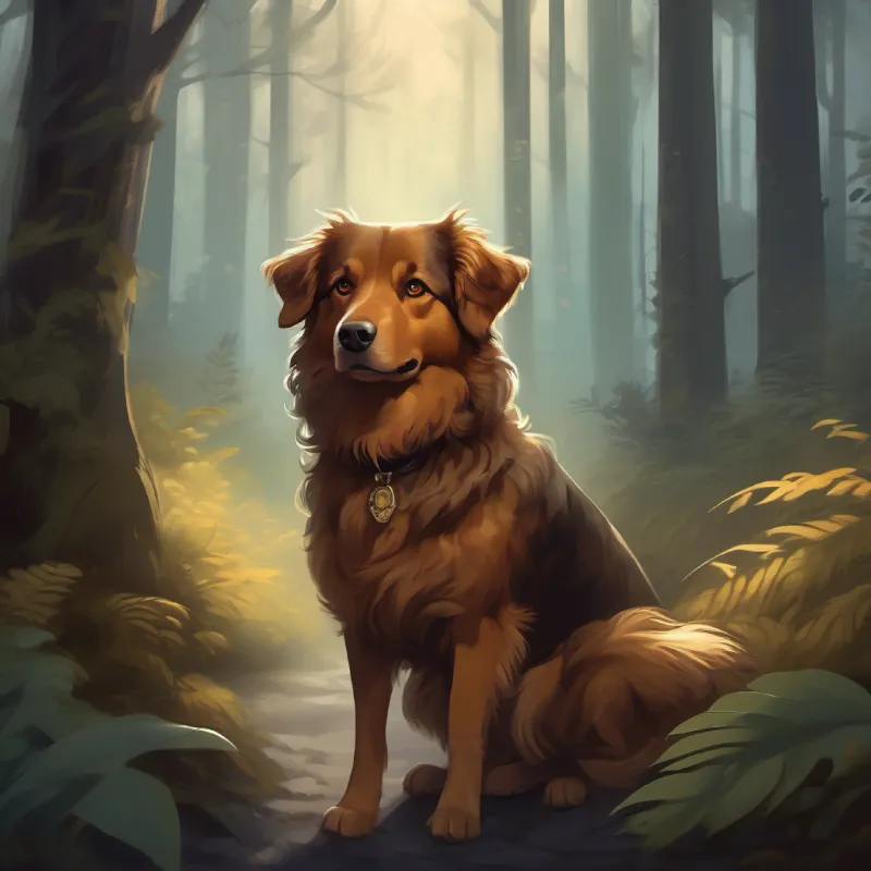 Curly hair, brown eyes, brave and clever and Fluffy dog, loyal and protective on a foggy evening in a creepy forest