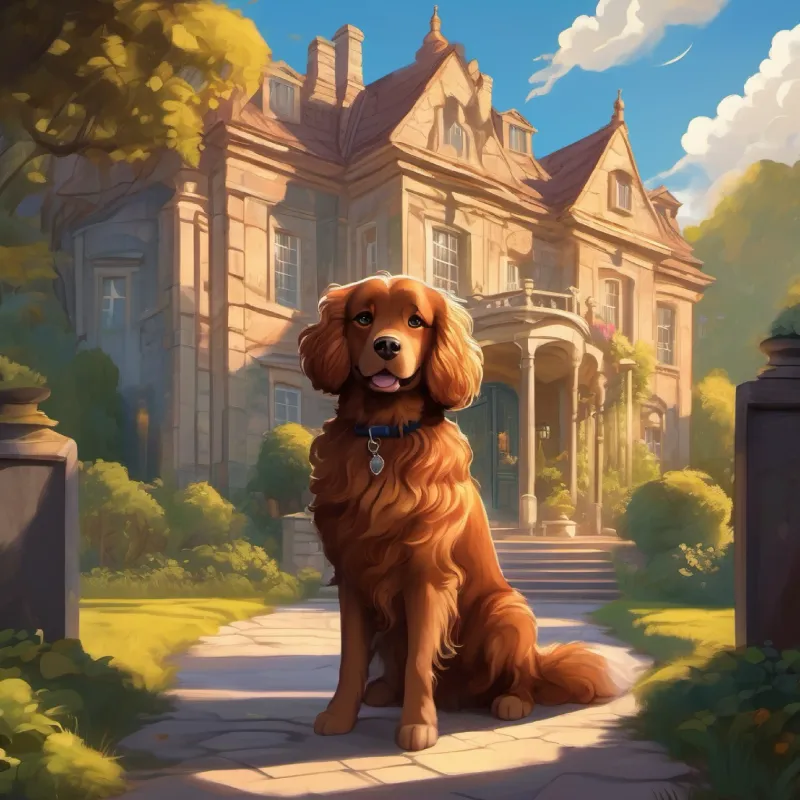 Curly hair, brown eyes, brave and clever and Fluffy dog, loyal and protective explore a mysterious, old mansion