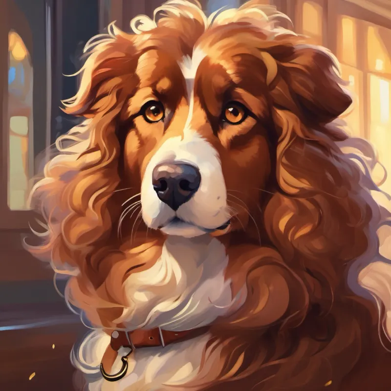 Curly hair, brown eyes, brave and clever and Fluffy dog, loyal and protective use bravery and cleverness to solve the mystery