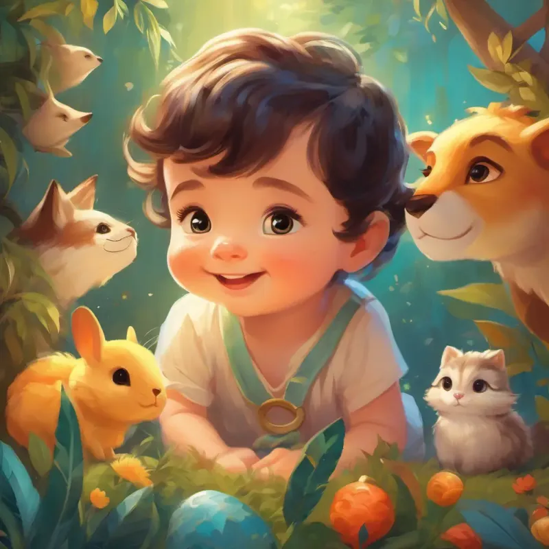A newborn with soft skin, wide bright eyes, and a curious smile interacts with animal decorations, feeling happy.