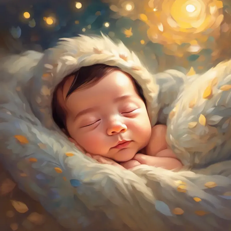 A newborn with soft skin, wide bright eyes, and a curious smile falls asleep, feeling peaceful and joyful.
