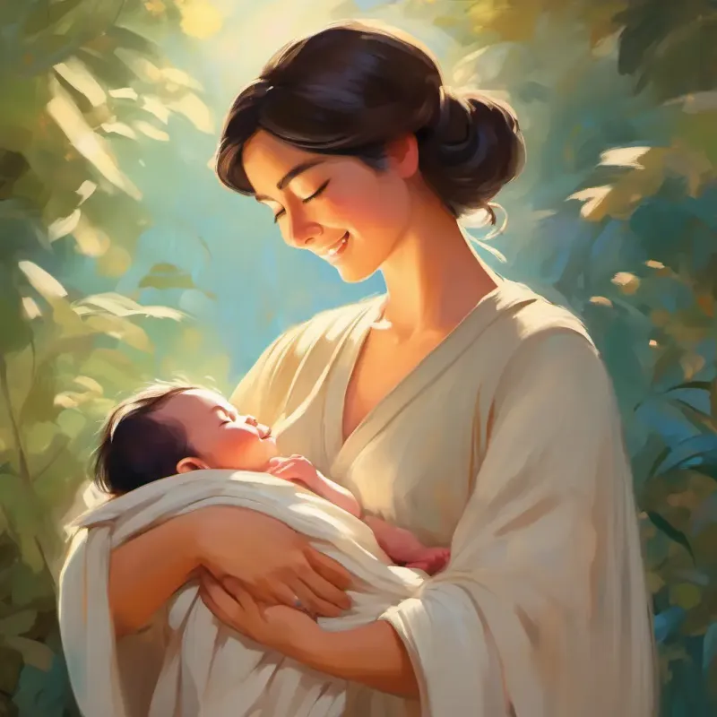 Large, protective figure with a gentle touch and a loving embrace embraces A newborn with soft skin, wide bright eyes, and a curious smile, showing affectionate welcome.