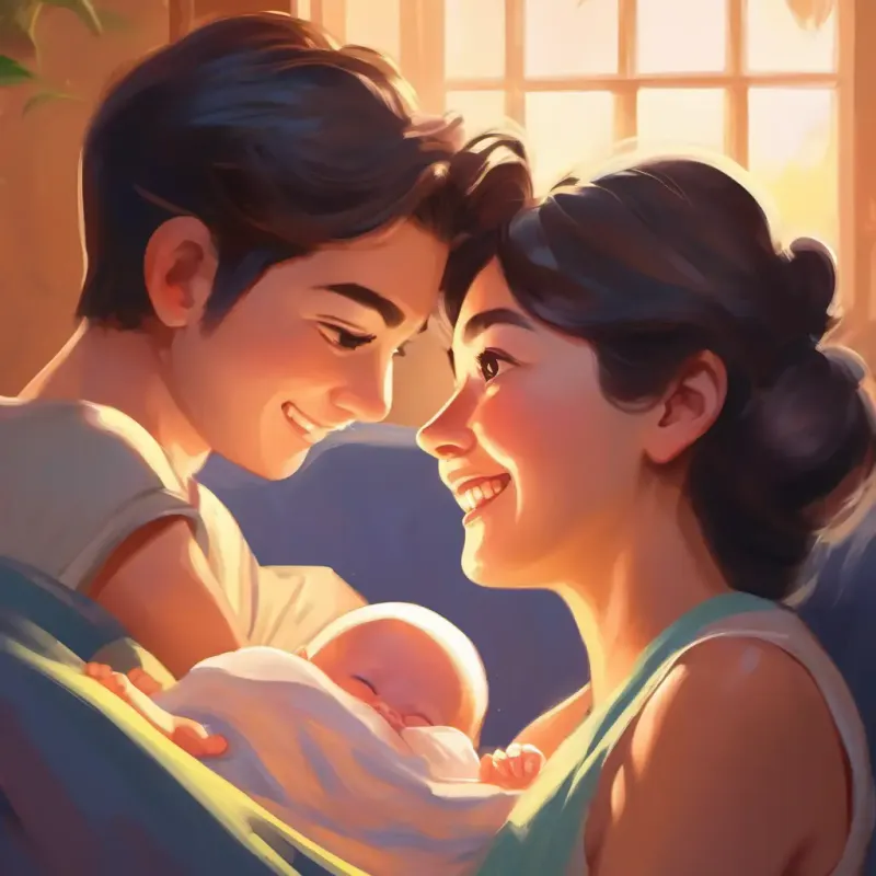 Parents adore A newborn with soft skin, wide bright eyes, and a curious smile's response, feeling amazed.