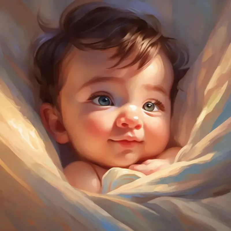 A newborn with soft skin, wide bright eyes, and a curious smile explores touch, feeling love and security.