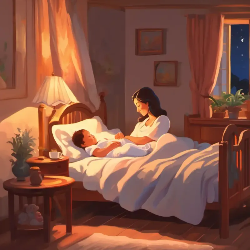The mother put the baby on the bed and saying good night, the mother also fell asleep