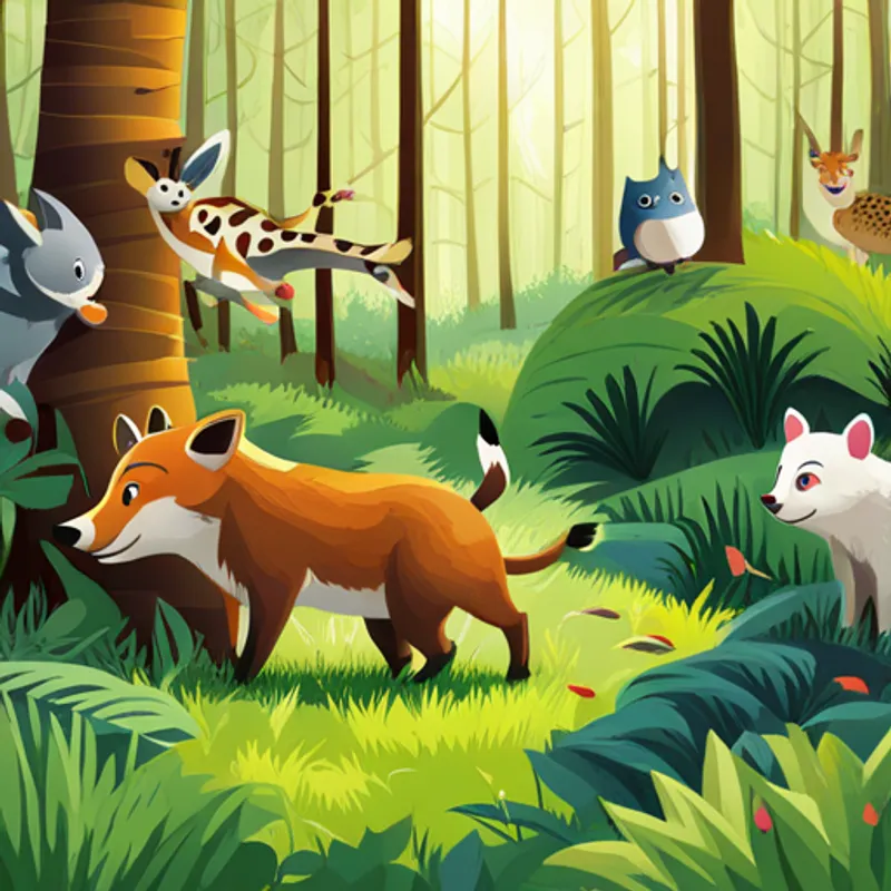 Animals playing together in a forest