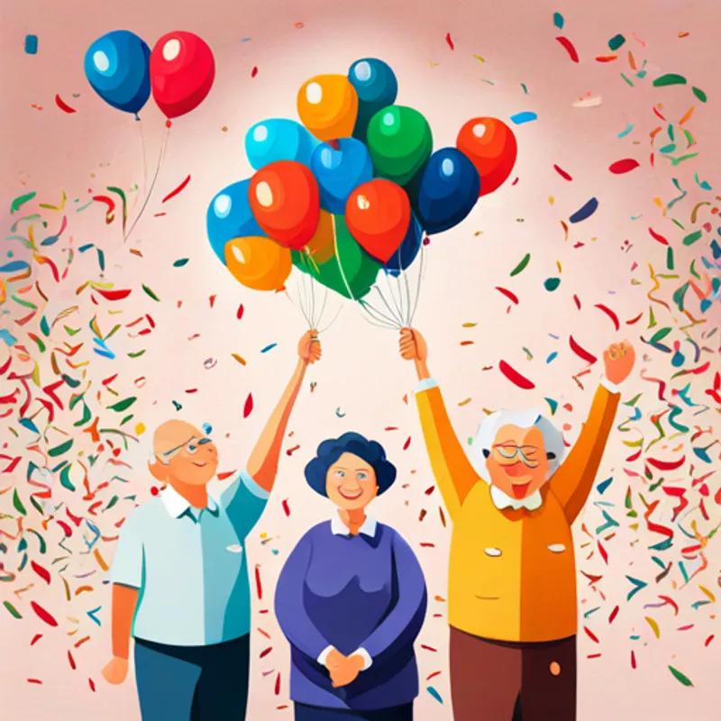 Seniors celebrating with balloons and confetti