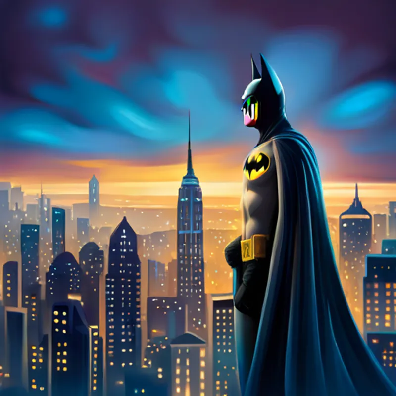 Batman watching over Gotham City, smiling